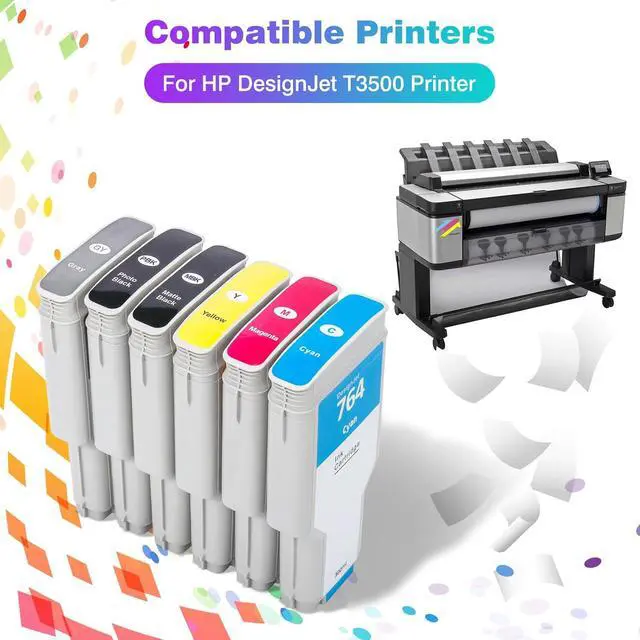 Alt view image 2 of 7 - 6-Pack 764 Ink Cartridge Set for HP 764 Ink for DesignJet T3500 Postscript Printer (Photo Black/Matte Black/Gray/Cyan/Magenta/Yellow) 300ml