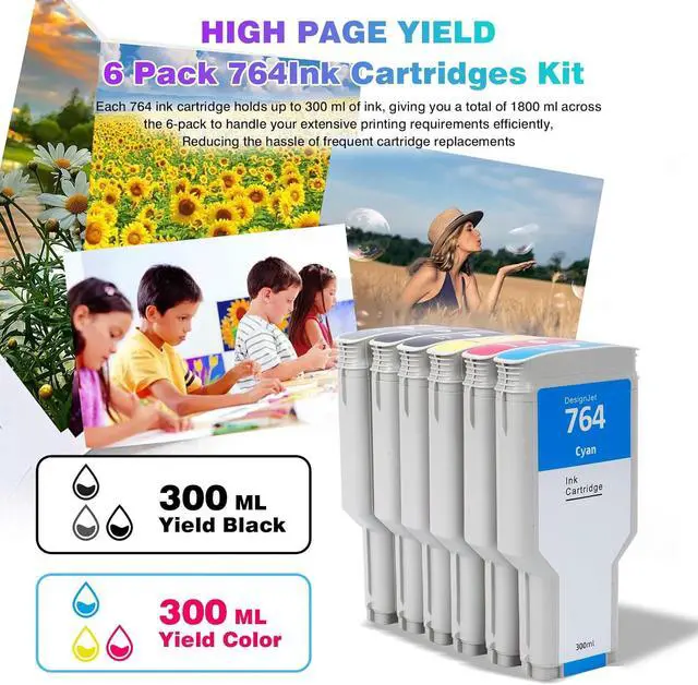 Alt view image 3 of 7 - 6-Pack 764 Ink Cartridge Set for HP 764 Ink for DesignJet T3500 Postscript Printer (Photo Black/Matte Black/Gray/Cyan/Magenta/Yellow) 300ml