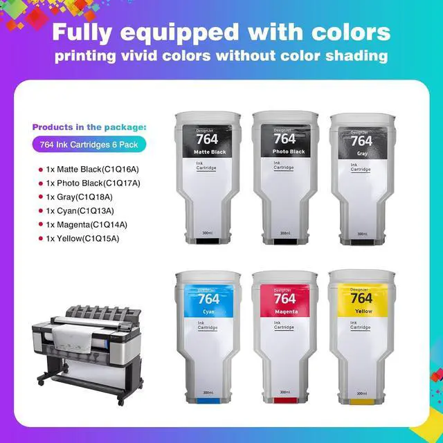 Alt view image 7 of 7 - 6-Pack 764 Ink Cartridge Set for HP 764 Ink for DesignJet T3500 Postscript Printer (Photo Black/Matte Black/Gray/Cyan/Magenta/Yellow) 300ml