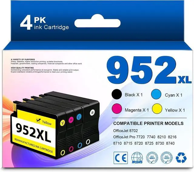 Main image of 952XL Ink (Bk/C/M/Y) Replacement for HP 952XL Ink Cartridges Combo Pack | Compatible for Officejet Pro 8710 7720 7740 8210 8216 8715 8720 8725 8730 8740 Printers, 4-Pack