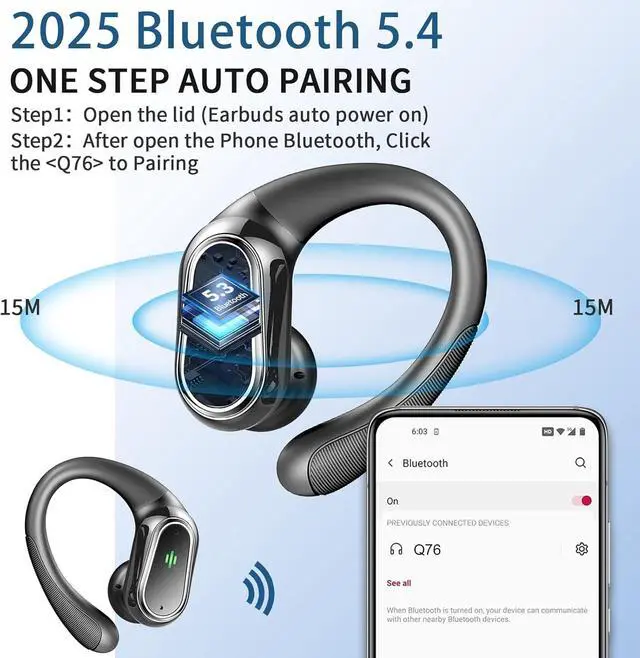 Alt view image 2 of 7 - Wireless Earbuds 2025 Bluetooth 5.4 Headphones Sport 50Hrs HiFi Stereo Deep Bass Over-Ear buds with ENC Noise Cancelling Mic IP7 Waterproof & LED Display Earphones with Earhooks for Workout/Running