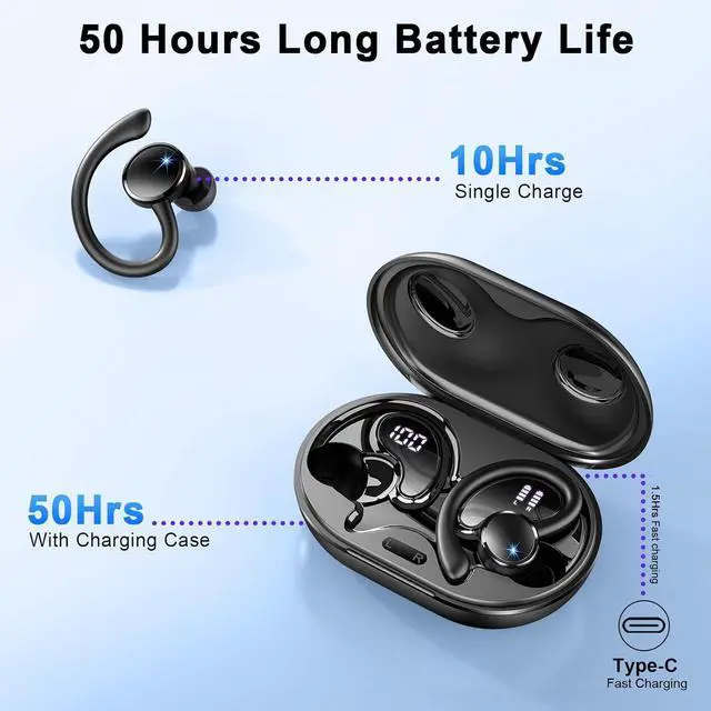 Alt view image 5 of 7 - Wireless Earbuds, Bluetooth 5.4 Headphones Sport, 50H Deep Bass Sound Over Ear buds with 4 ENC Noise Cancelling Mic, Dual LED Display, IP7 Waterproof Earphones with Earhook Workout Running, Purple