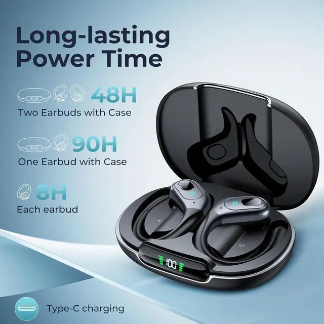 Alt view image 3 of 7 - Active Noise Cancelling Earbuds Wireless Bluetooth Headphones Ear Buds 90Hrs Playback Stereo Bass Earphones with Mic Over-Ear Hooks IPX7 Waterproof Headset for Work Sports Running Gym Black