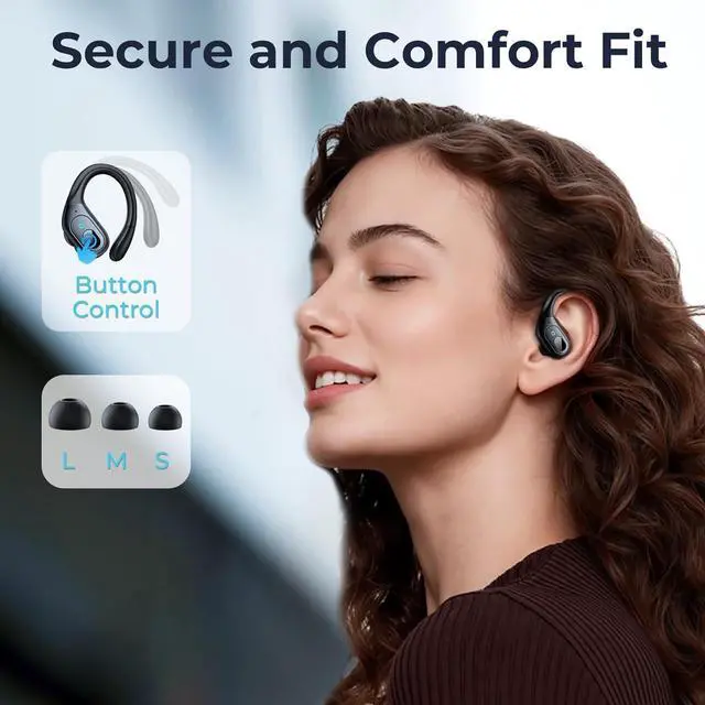 Alt view image 5 of 7 - Active Noise Cancelling Earbuds Wireless Bluetooth Headphones Ear Buds 90Hrs Playback Stereo Bass Earphones with Mic Over-Ear Hooks IPX7 Waterproof Headset for Work Sports Running Gym Black