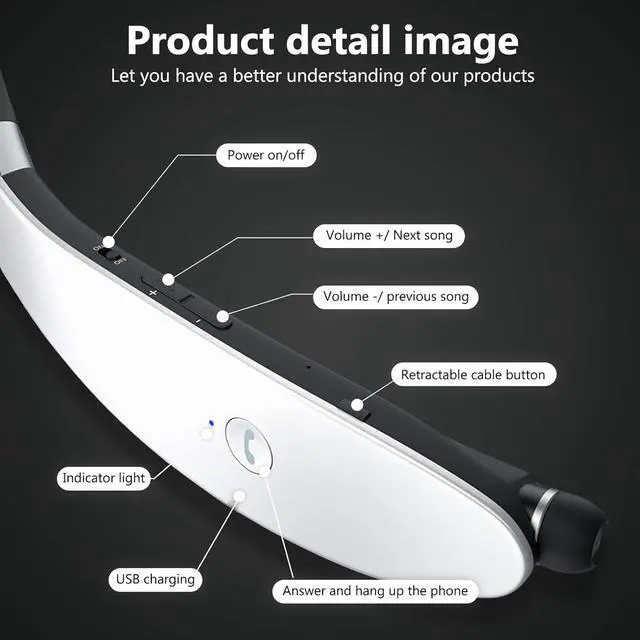 Alt view image 3 of 7 - Neckband Bluetooth Headphones Retractable Wireless Earbuds Bluetooth 5.0 with Magnetic Design and Foldable for Sports Workout Running