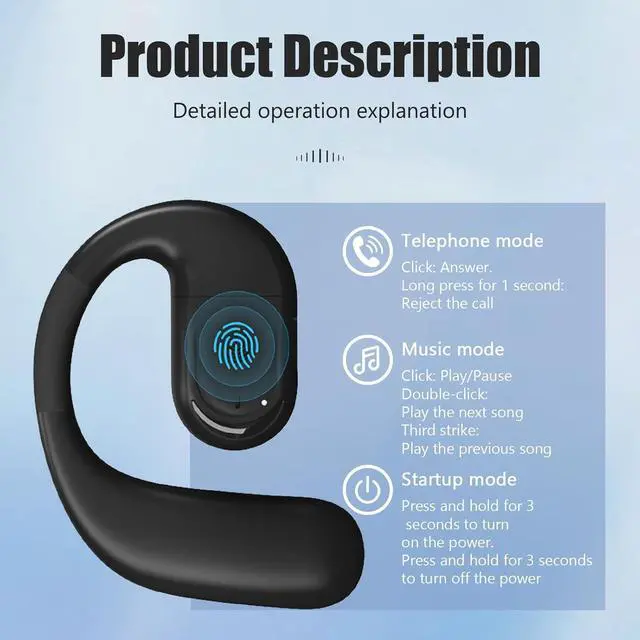 Alt view image 4 of 7 - Single Ear Hook Earphone Over Ear Headphone Bluetooth 5.4 36H Long Battery Life, Soft Silicone Rotatable earpiece, Type-C Fast Charging IPX5 Resistant for Active Sport Lifestyle 78-5