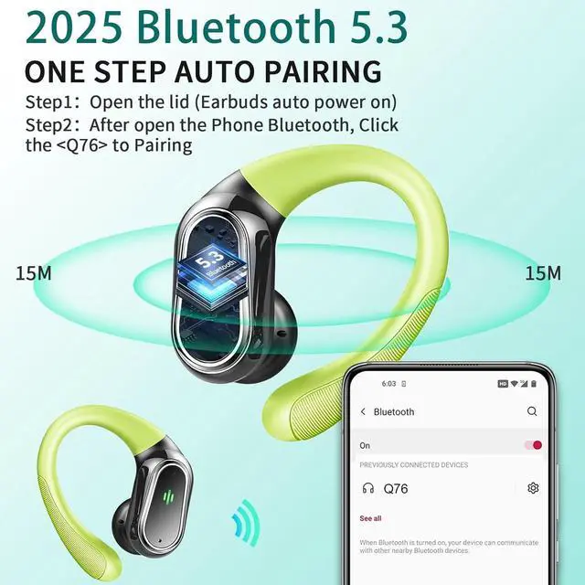 Alt view image 2 of 6 - Wireless Earbuds, 2025 Bluetooth 5.4 Headphones Sport, 50Hrs HiFi Stereo Deep Bass Over-Ear buds with ENC Noise Cancelling Mic, IP7 Waterproof & LED Display Earphones with Earhooks for Workout/Running