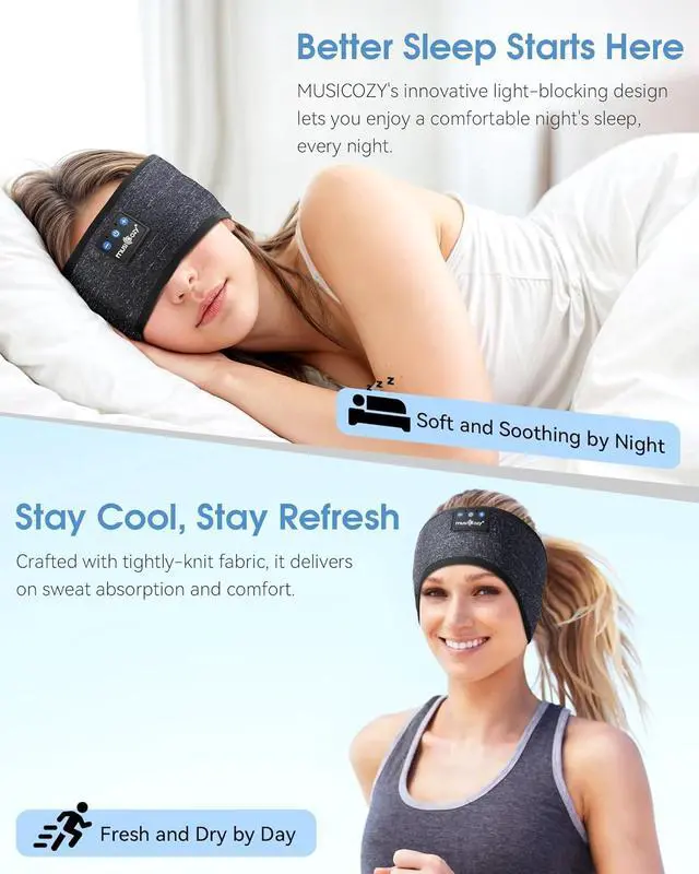Alt view image 4 of 7 - MUSICOZY Bluetooth 5.4 Sleep Headphones Headband, Zipper Washable Eye Mask with HD Stereo Speakers + Wireless Sports Headband, 14H Playtime Music Headphones for Sleeping, Running, Travel, Meditation