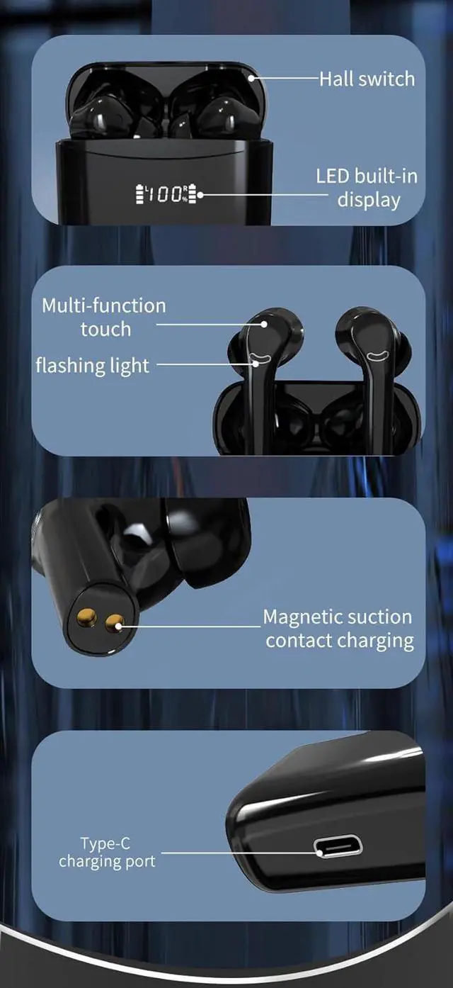 Alt view image 4 of 7 - Bluetooth Headphones Wireless Earbuds 42Hrs Playback Ear Buds Power Display with ENC Noise Canceling Mic Inr-Ear Stereo Bass Earphones for Sports/Workout/Running,Black