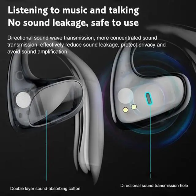 Alt view image 3 of 7 - Open-Ear-Headphones with Microphone Wireless Earbuds Bluetooth Light Emitting Diode Display HiFi Stereo Sound Waterproof Sport Earbuds Noise Cancellation for Smart Phone Laptop Computer Sports Black