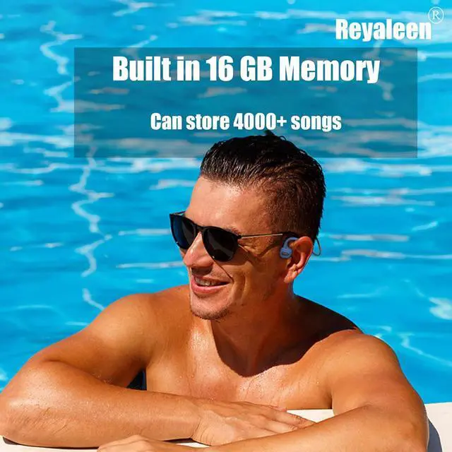 Alt view image 3 of 6 - bone conduction headphones bone conducting headphones wireless bluetooth titanium open ear bone conduction headphones wireless with IPX8 waterproof 16GB memory offline use headphones for gym (K7Blue)