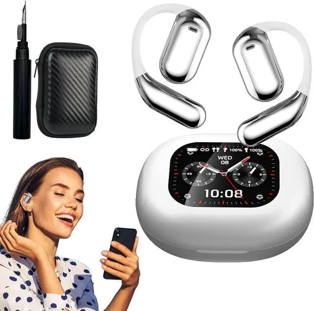 Main image of Aluminiumk True Powerful Bluetooth 5.4 Open Ear Earbuds, IPX5 Waterproof, aluminiumk Bluetooth Headphones, Bass Stereo Ear Buds with Noise Cancelling Mic LED Display (White)