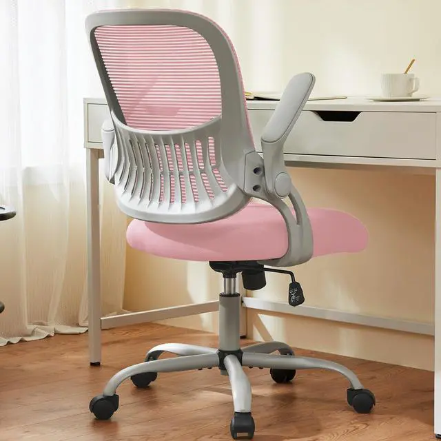 Main image of Home Office Computer Desk Chair, Ergonomic Mid-Back Mesh Rolling Work Swivel Task Chairs with Wheels, Comfortable Lumbar Support, Comfy Flip-up Arms for Bedroom, Study, Student, Pink