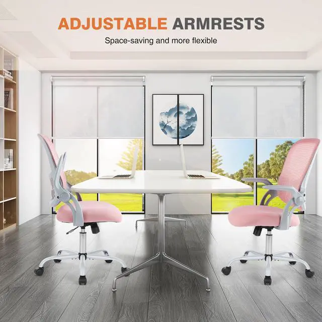 Alt view image 2 of 3 - Home Office Computer Desk Chair, Ergonomic Mid-Back Mesh Rolling Work Swivel Task Chairs with Wheels, Comfortable Lumbar Support, Comfy Flip-up Arms for Bedroom, Study, Student, Pink