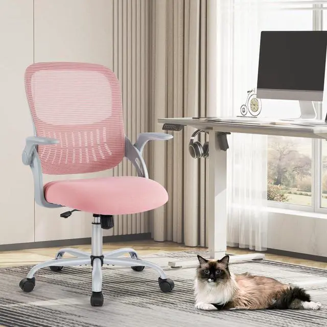 Alt view image 3 of 3 - Home Office Computer Desk Chair, Ergonomic Mid-Back Mesh Rolling Work Swivel Task Chairs with Wheels, Comfortable Lumbar Support, Comfy Flip-up Arms for Bedroom, Study, Student, Pink