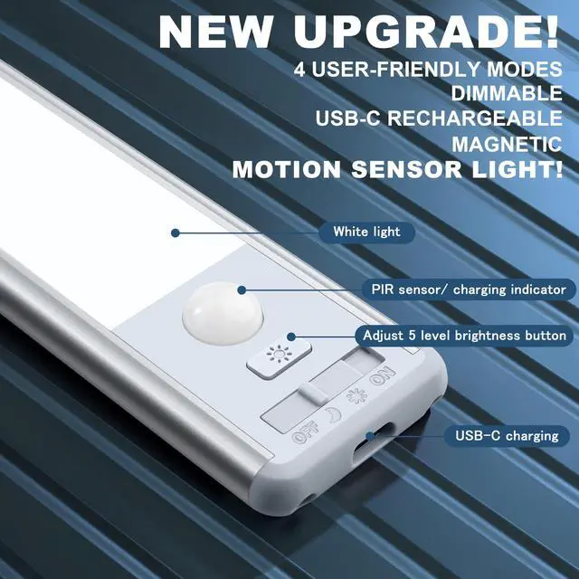 Alt view image 4 of 7 - 10inch Under Cabinet Lights, 40 LED Closet Lights, Motion Sensor Light Indoor, Battery Operated Lights, 1800mah USB C Rechargeable Under Cabinet Lighting, Magnetic Night Light for Kitchen (2 Pack)