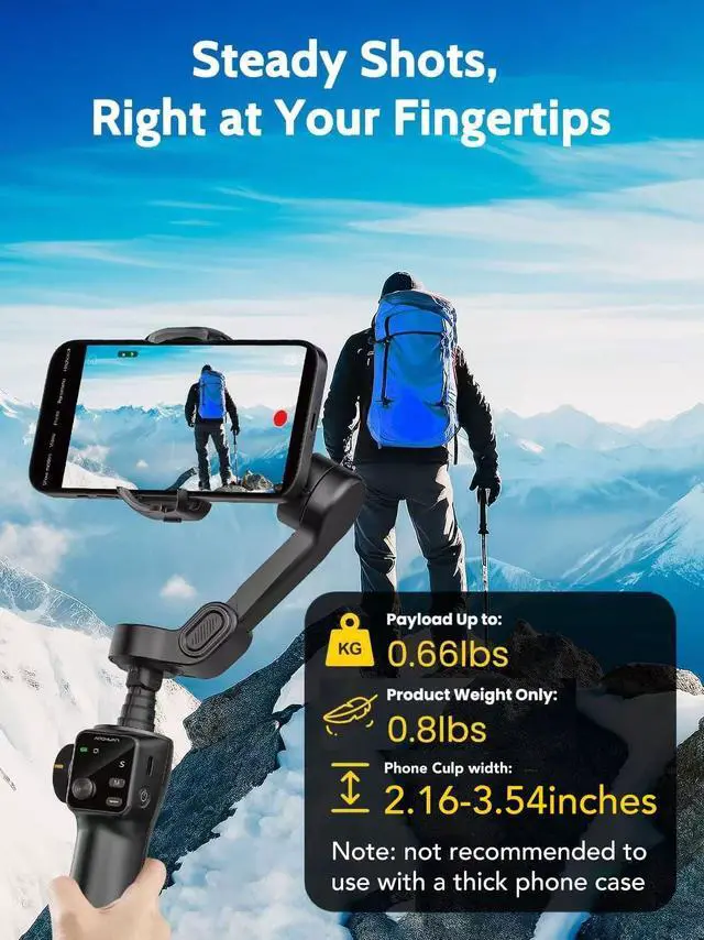Alt view image 7 of 7 - 3-axis Gimbal Stabilizer for iPhone w/Built-in 7.8' Extension Rod, Smartphone Gimbal w/AI Tracking, Portable Phone Holder for iPhone & Android w/Full-Screen OLED Display, Smart V8(Black)