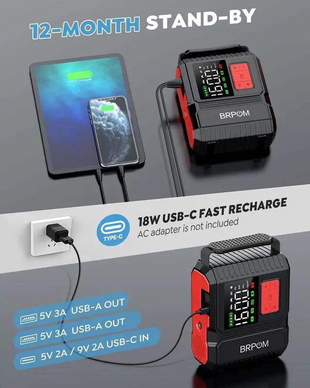 Alt view image 4 of 6 - Car Jump Starter with Air Compressor, 9000A Peak 26800mah (Up to All Gas or 12.0L Diesel Engine, 50 Times) Portable160PSI Jump Starter 12V Auto Battery Jump Pack Quick Charge