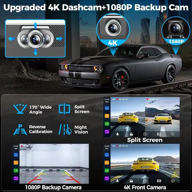 Alt view image 3 of 7 - 7" Wireless Apple CarPlay Android Auto Screen for Car - 4K Dash Cam, GPS Navigation, HD Touchscreen, AirPlay, 1080P Backup Camera, Car Stereo
