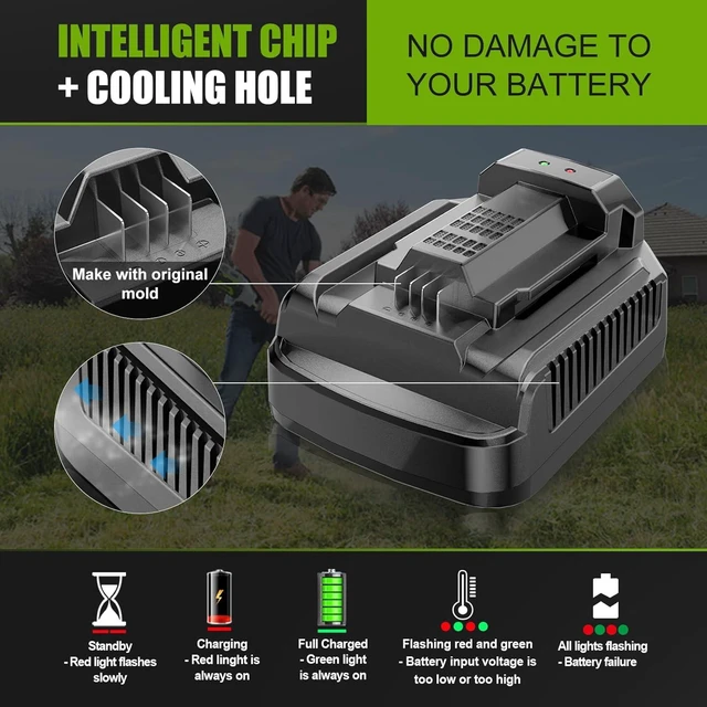 Alt view image 6 of 7 - Faster!! CH2100 4.0A Rapid Charger, Replacement for EGO 56V Chargers CH3200/CH5500/CH7000/CH2800D, Fits EGO 56-Volt Power+ Li-ion Batteries BA2800/BA4200/BA1400/BA2240/BA1120/BA4480T