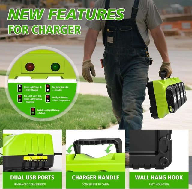 Alt view image 3 of 7 - 4-Port Fast Multi-Battery Charging Station with Dual USB, Replacement for Ryobi 18V Charger, Fits Ryobi 12V-18V One+ Batteries P102 P103 P105 P107 P108 P109 P189 P197 PBP002 PBP005