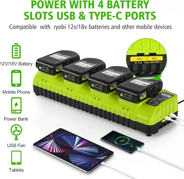 Alt view image 4 of 7 - 4-Port Fast Multi-Battery Charging Station with Dual USB, Replacement for Ryobi 18V Charger, Fits Ryobi 12V-18V One+ Batteries P102 P103 P105 P107 P108 P109 P189 P197 PBP002 PBP005