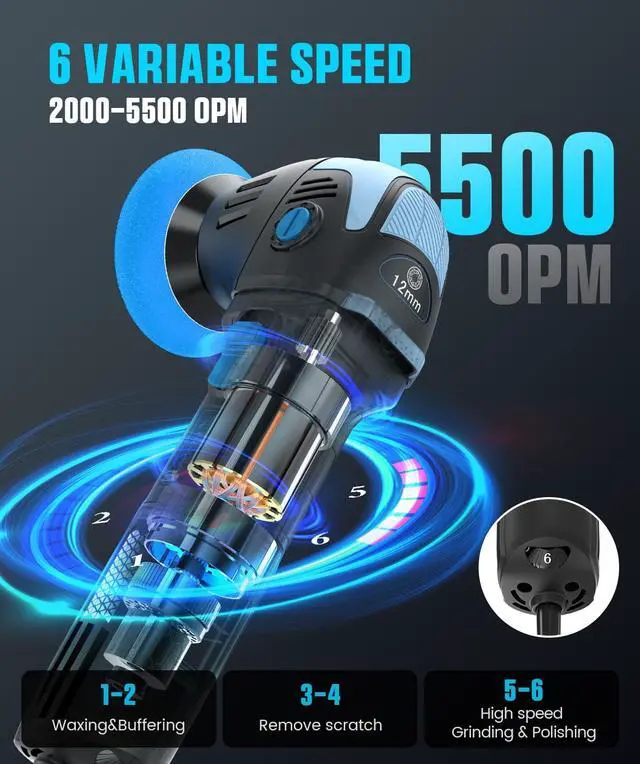 Alt view image 2 of 7 - Mini Polisher, 2inch/ 3inch 750W Car Buffer with 12mm Random Orbital-Improve Work Efficiency by 35%, with 16pcs Trapezoidal Polisher Pads &16.4 ft Cord, for Car Detailing and Waxing
