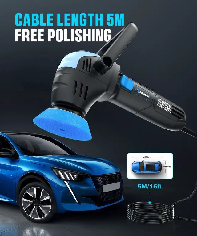 Alt view image 7 of 7 - Mini Polisher, 2inch/ 3inch 750W Car Buffer with 12mm Random Orbital-Improve Work Efficiency by 35%, with 16pcs Trapezoidal Polisher Pads &16.4 ft Cord, for Car Detailing and Waxing