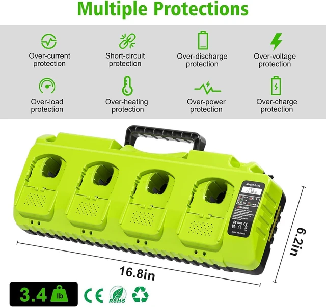 Alt view image 7 of 7 - 4-Port Fast Multi-Battery Charging Station with Dual USB, Replacement for Ryobi 18V Charger, Fits Ryobi 12V-18V One+ Batteries P102 P103 P105 P107 P108 P109 P189 P197 PBP002 PBP005