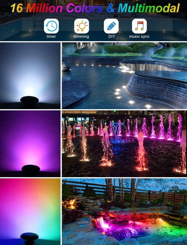 Alt view image 3 of 7 - RGB Underwater Pond Lights Super Bright Submersible LED Fountain Spotlights, Bluetooth APP Control, IP68 Waterproof for Fish Tank, Garden, Yard, Pool (Set of 6)