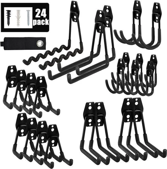 Main image of AOBEN 24PCS Garage Hooks, Heavy Duty Double Garage Hanger Organizer Wall Mount Iron Anti-Slip Garage Storage Hooks for Ladder, Power Tool,Bike,Ropes23 Hooks & 1 hoder Strap-Black