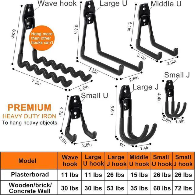 Alt view image 2 of 7 - AOBEN 24PCS Garage Hooks, Heavy Duty Double Garage Hanger Organizer Wall Mount Iron Anti-Slip Garage Storage Hooks for Ladder, Power Tool,Bike,Ropes23 Hooks & 1 hoder Strap-Black