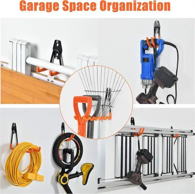 Alt view image 3 of 7 - AOBEN 24PCS Garage Hooks, Heavy Duty Double Garage Hanger Organizer Wall Mount Iron Anti-Slip Garage Storage Hooks for Ladder, Power Tool,Bike,Ropes23 Hooks & 1 hoder Strap-Black