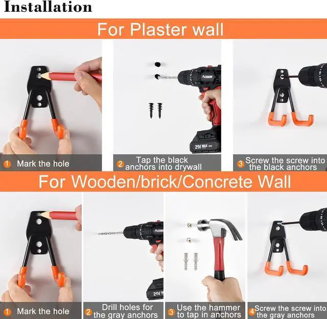 Alt view image 5 of 7 - AOBEN 24PCS Garage Hooks, Heavy Duty Double Garage Hanger Organizer Wall Mount Iron Anti-Slip Garage Storage Hooks for Ladder, Power Tool,Bike,Ropes23 Hooks & 1 hoder Strap-Black
