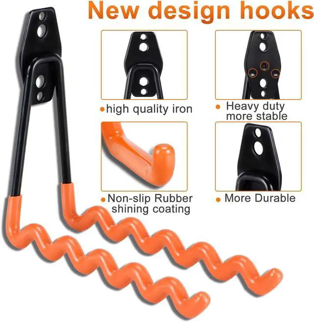 Alt view image 6 of 7 - AOBEN 24PCS Garage Hooks, Heavy Duty Double Garage Hanger Organizer Wall Mount Iron Anti-Slip Garage Storage Hooks for Ladder, Power Tool,Bike,Ropes23 Hooks & 1 hoder Strap-Black