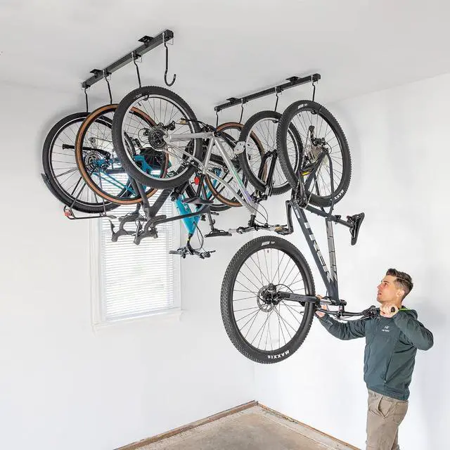 Alt view image 7 of 7 - Teal Triangle Adjustable Ceiling Mounted Bike Rack for Garage, Hold 8 Bikes