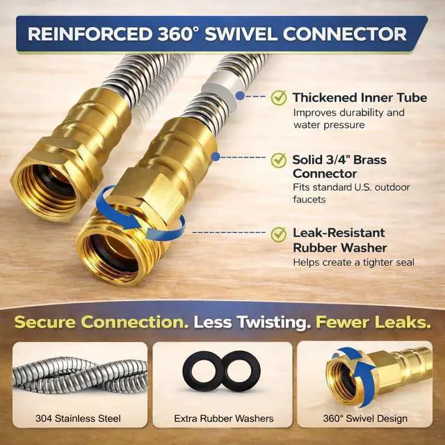 Alt view image 3 of 7 - Metal Garden Hose 50 ft 304 Stainless Steel Water Hose with Nozzle Sprayer, Garden Hoses Flexible, Lightweight, No Kink, Heavy Duty for Outdoor (50 ft)