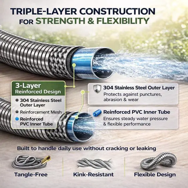 Alt view image 4 of 7 - Metal Garden Hose 50 ft 304 Stainless Steel Water Hose with Nozzle Sprayer, Garden Hoses Flexible, Lightweight, No Kink, Heavy Duty for Outdoor (50 ft)