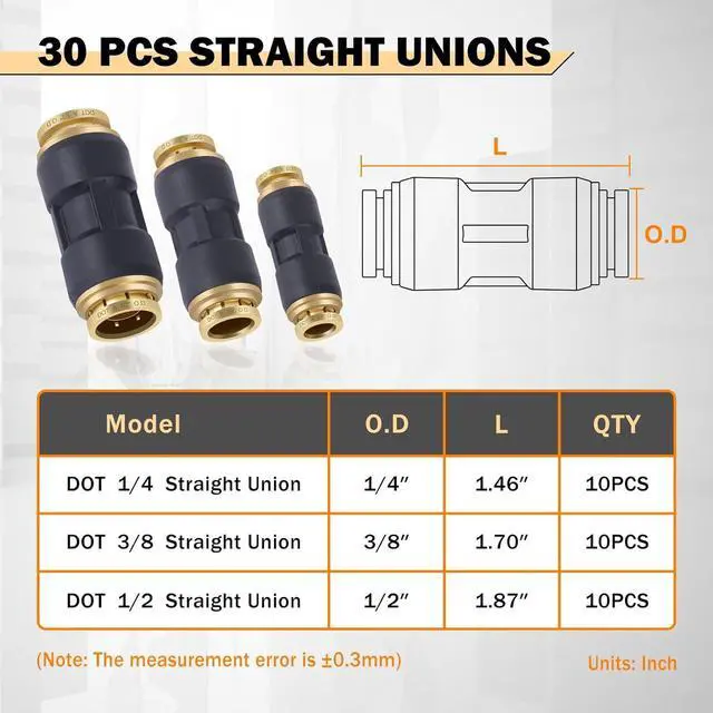 Alt view image 2 of 6 - 30 PCS DOT Air Line Fittings 1/4" 3/8" 1/2" DOT Push Lock Air Fittings Brass and Plastic Straight Unions Quick Connect Air Hose Fittings Repair Kit