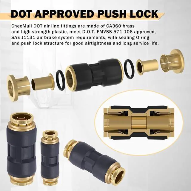 Alt view image 3 of 6 - 30 PCS DOT Air Line Fittings 1/4" 3/8" 1/2" DOT Push Lock Air Fittings Brass and Plastic Straight Unions Quick Connect Air Hose Fittings Repair Kit
