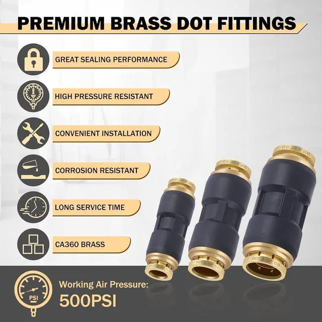 Alt view image 5 of 6 - 30 PCS DOT Air Line Fittings 1/4" 3/8" 1/2" DOT Push Lock Air Fittings Brass and Plastic Straight Unions Quick Connect Air Hose Fittings Repair Kit