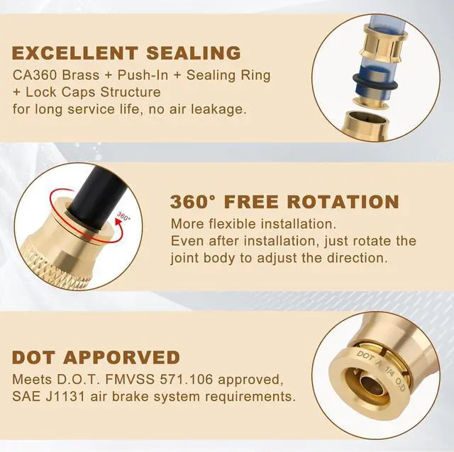 Alt view image 5 of 6 - 48pcs Quick Connect Brass DOT Air Line Fittings Straight Union 1/4 3/8 5/16 5/32 1/8 1/2 Tube Push to Connect Fittings Air Suspension Fittings Straight Air Brake Union Push Lock Fittings