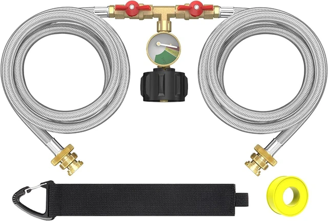 Main image of Upgraded 5FT Propane 2 Way Splitter Adapter Hose Stainless Braided Y Splitter Hose 1 lb to 20 lb Converter with Shut Off Valve with Gauge Propane Hose Adapter 1lb LP Appliances to QCC1 5-40lb Tank