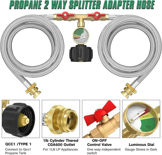 Alt view image 2 of 7 - Upgraded 5FT Propane 2 Way Splitter Adapter Hose Stainless Braided Y Splitter Hose 1 lb to 20 lb Converter with Shut Off Valve with Gauge Propane Hose Adapter 1lb LP Appliances to QCC1 5-40lb Tank