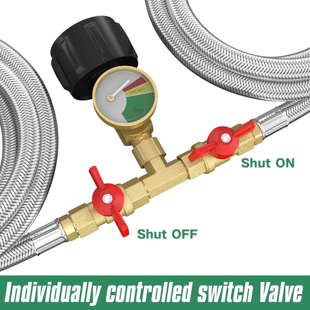 Alt view image 4 of 7 - Upgraded 5FT Propane 2 Way Splitter Adapter Hose Stainless Braided Y Splitter Hose 1 lb to 20 lb Converter with Shut Off Valve with Gauge Propane Hose Adapter 1lb LP Appliances to QCC1 5-40lb Tank