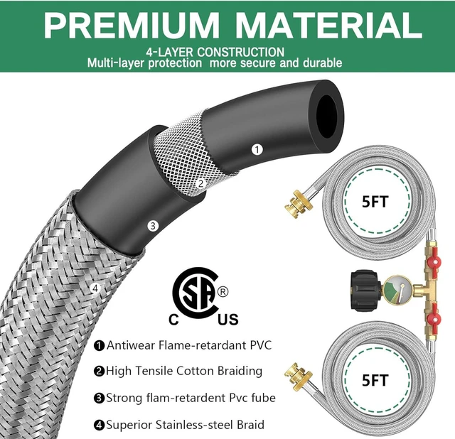 Alt view image 5 of 7 - Upgraded 5FT Propane 2 Way Splitter Adapter Hose Stainless Braided Y Splitter Hose 1 lb to 20 lb Converter with Shut Off Valve with Gauge Propane Hose Adapter 1lb LP Appliances to QCC1 5-40lb Tank