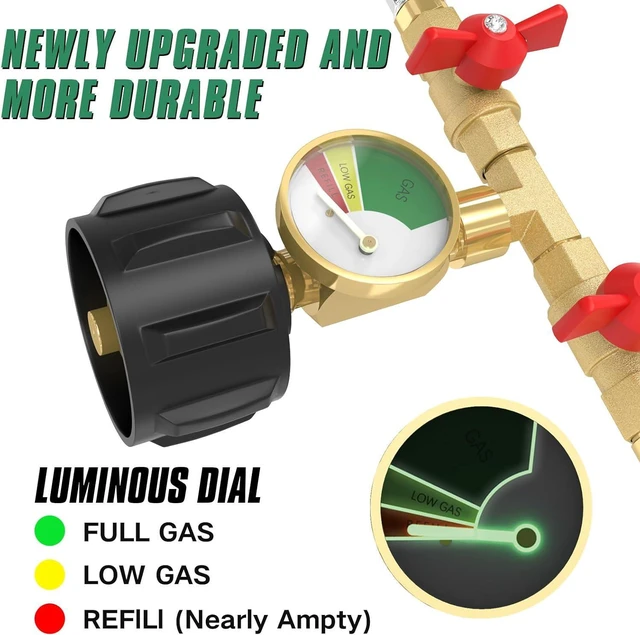 Alt view image 6 of 7 - Upgraded 5FT Propane 2 Way Splitter Adapter Hose Stainless Braided Y Splitter Hose 1 lb to 20 lb Converter with Shut Off Valve with Gauge Propane Hose Adapter 1lb LP Appliances to QCC1 5-40lb Tank