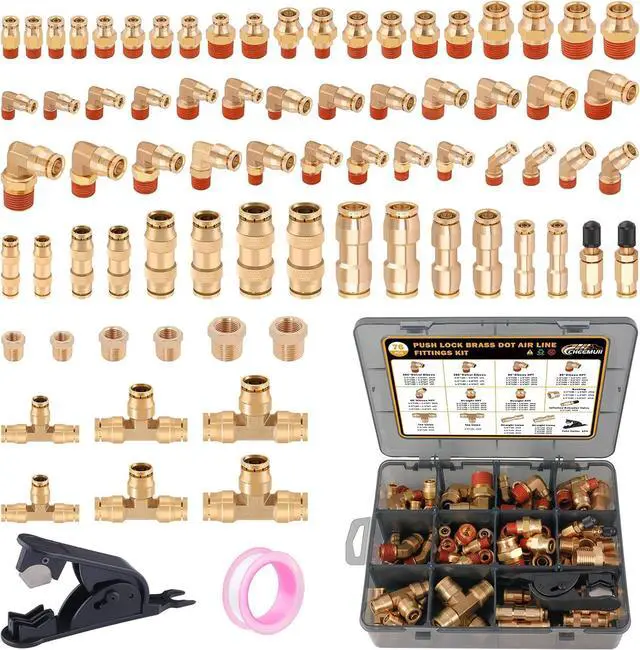 Main image of 76 Pcs Brass DOT Air Line Fittings Kit Push Lock Air Fittings Push to Connect Fittings NPT Thread & Quick Connect Air Hose Fittings for DOT Air Line Air Hose Pneumatic Tubing