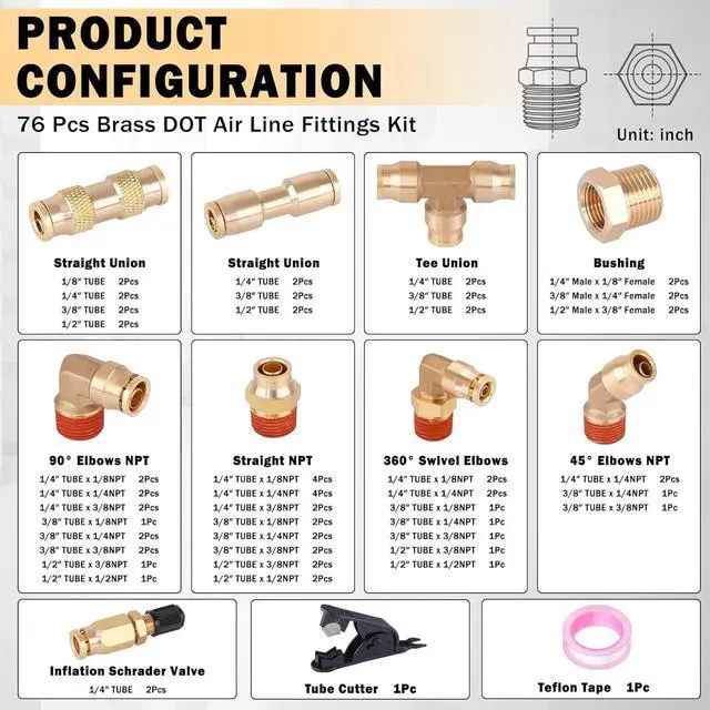 Alt view image 2 of 7 - 76 Pcs Brass DOT Air Line Fittings Kit Push Lock Air Fittings Push to Connect Fittings NPT Thread & Quick Connect Air Hose Fittings for DOT Air Line Air Hose Pneumatic Tubing