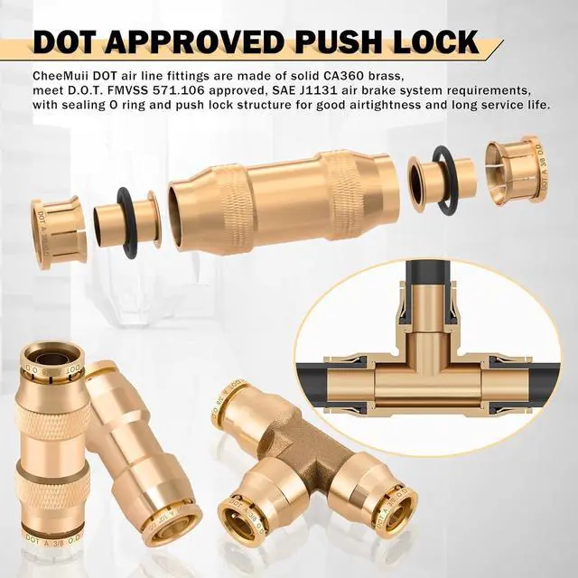 Alt view image 4 of 7 - 76 Pcs Brass DOT Air Line Fittings Kit Push Lock Air Fittings Push to Connect Fittings NPT Thread & Quick Connect Air Hose Fittings for DOT Air Line Air Hose Pneumatic Tubing